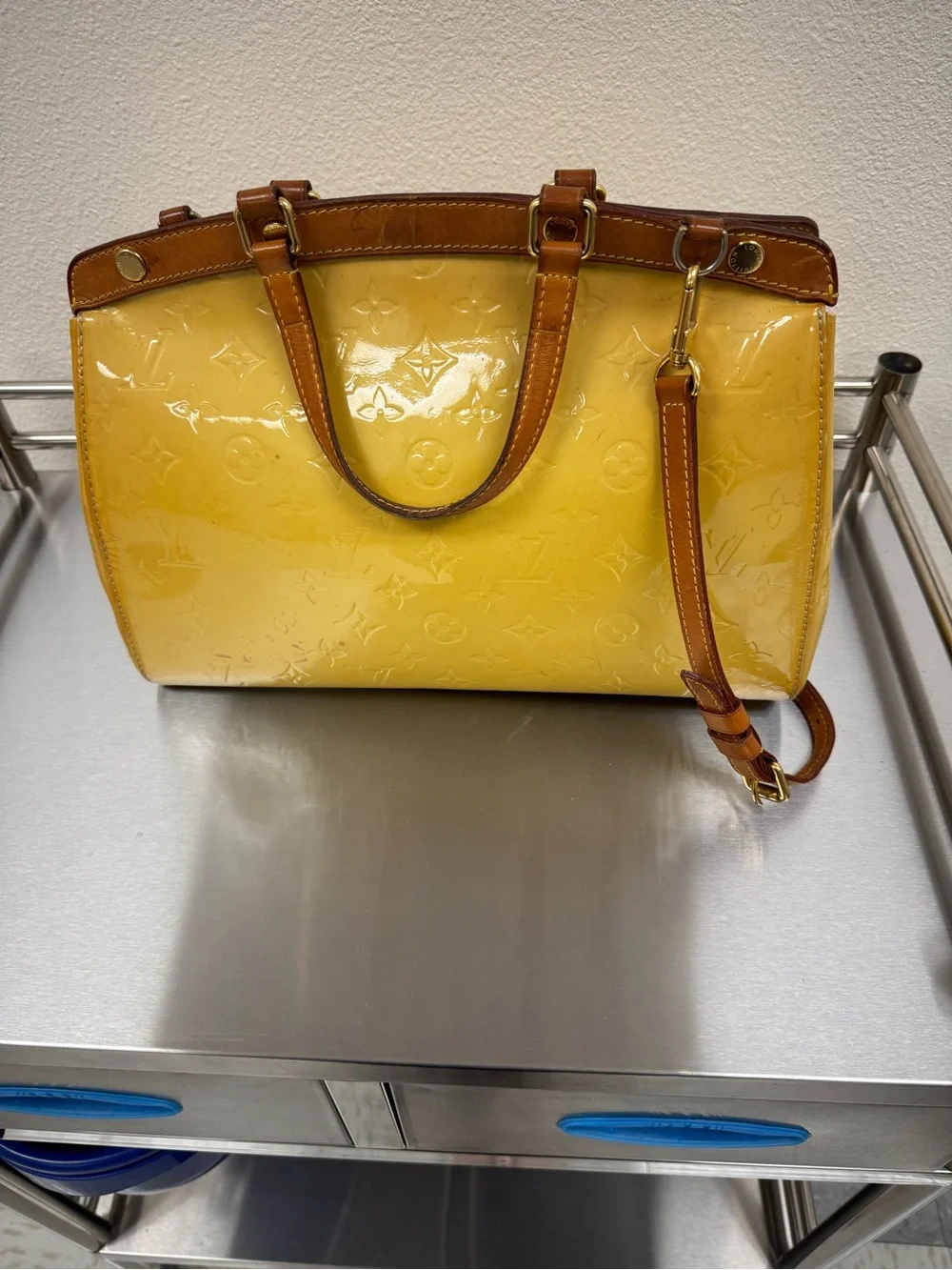 Louis Vuitton Yellow Patent Vernis Monogram Shoulder Bag with Tan Trim and COA
